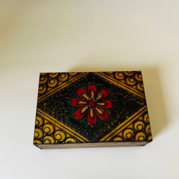 Vintage Hand-Carved & Painted Wooden Box With Floral &  Geometric Motifs.