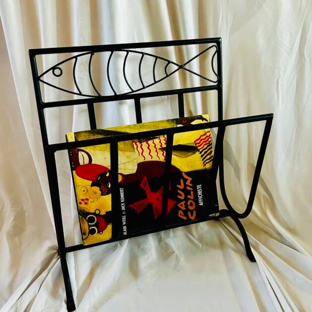 Mid-Century Modern Black Wrought Iron Magazine Rack With A Fish 🐟 Motif.