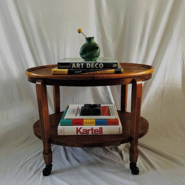 Vintage Oval Oak Side Table On Wheels