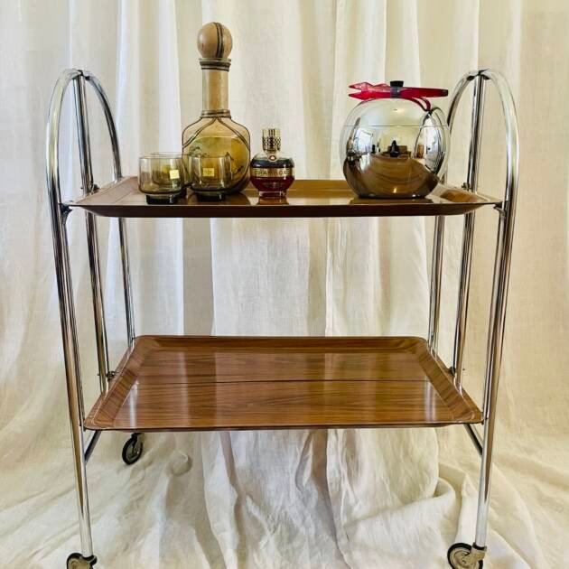 Mid-Century Modern Chrome & Wood Veneer Two-tier Serving Cart, Made In Germany 🇩🇪