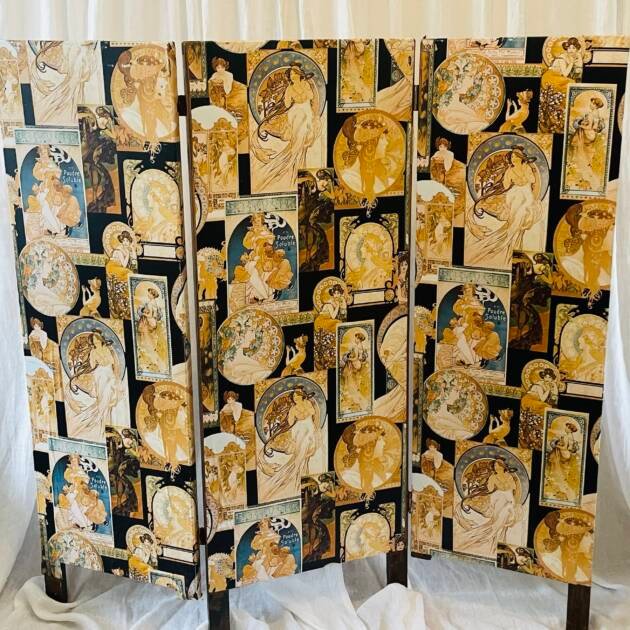 Antique Dark Wood Three Panel Scrap Screen, With Art Nouveau Design.