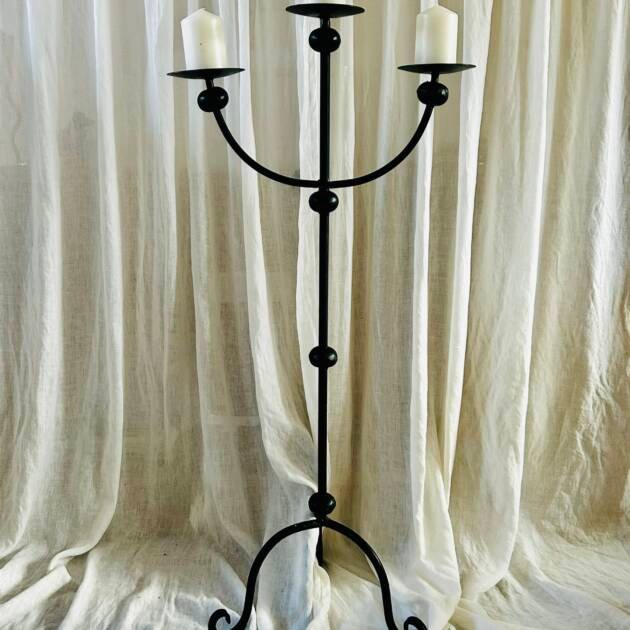 Vintage wrought iron floor candelabra with three candle holders