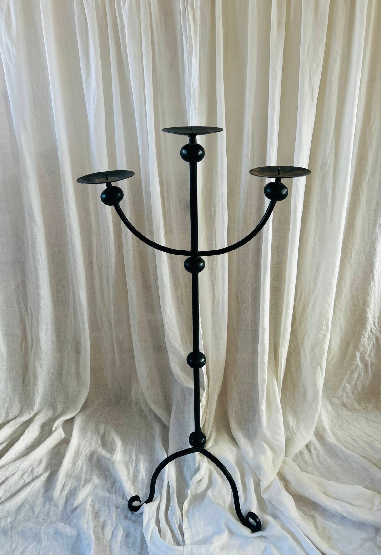 Vintage wrought iron floor candelabra with three candle holders - Image 3