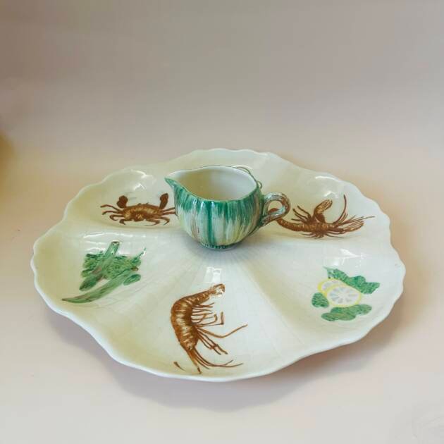 Vintage shorter & son porcelain oyster plate with hand-painted seafood and creamer.