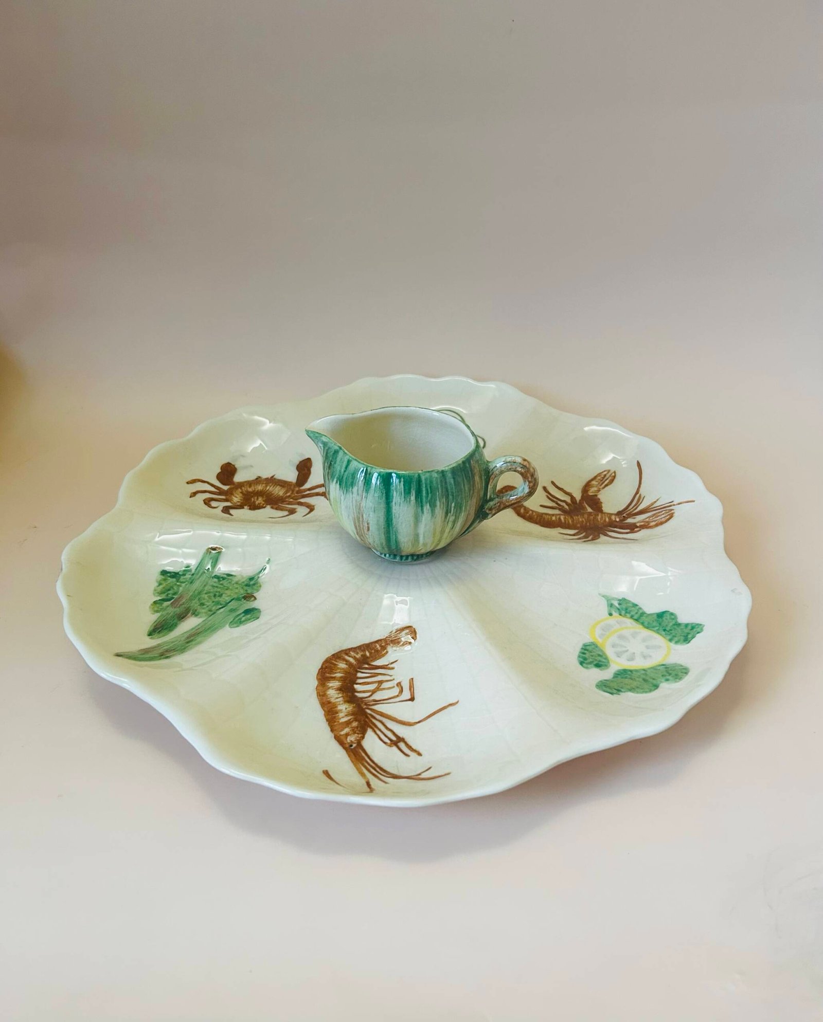 Vintage shorter & son porcelain oyster plate with hand-painted seafood and creamer.
