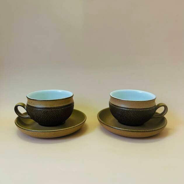 Vintage Denby Cotswold Stoneware Teacups & Saucers (set of 2)