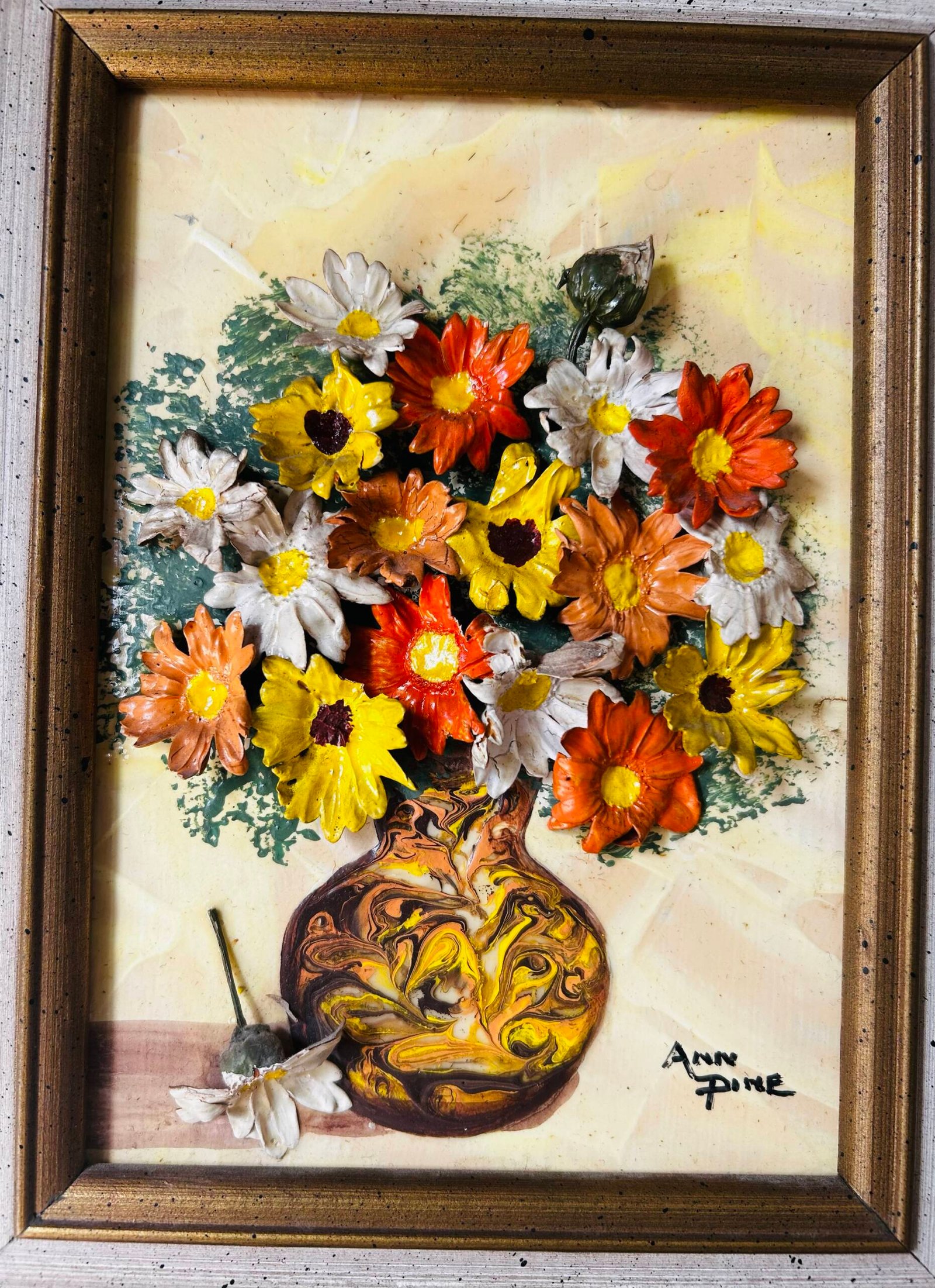 Mid-Century Textured Floral Painting Signed By Ann Pine (rare find ) 🌺 - Image 3
